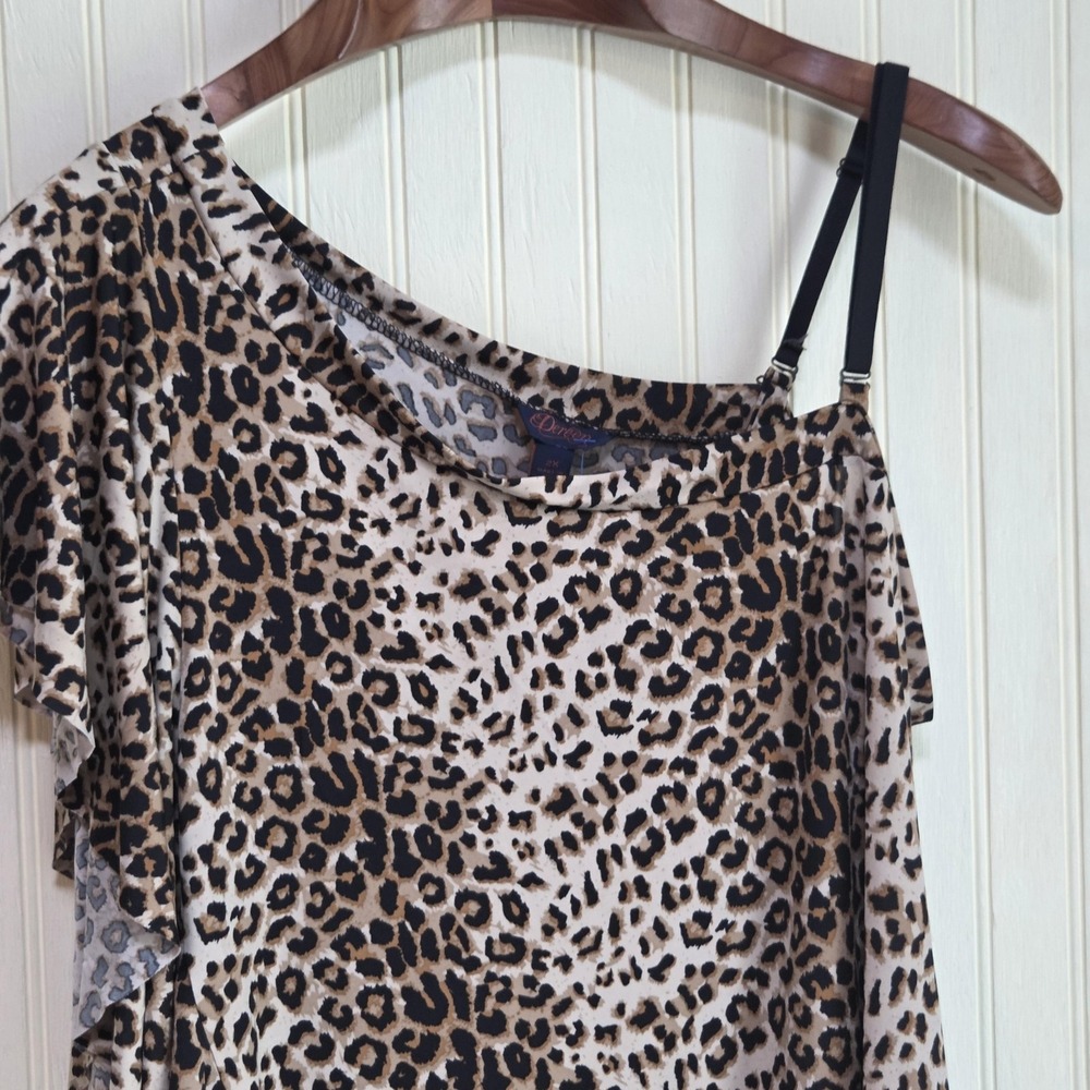 Dereon Blouse Womens Plus 2X Brown One Shoulder Short Sleeve Leopard Print Top